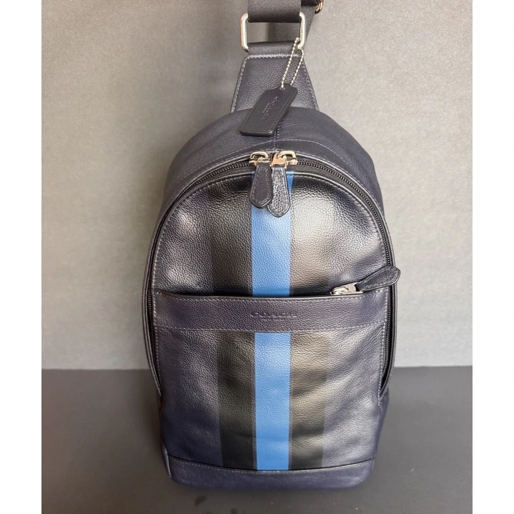 Leather Coach Navy ~ Black Blue Stripes ~ Shoulder Sling Bag Great Style F722226